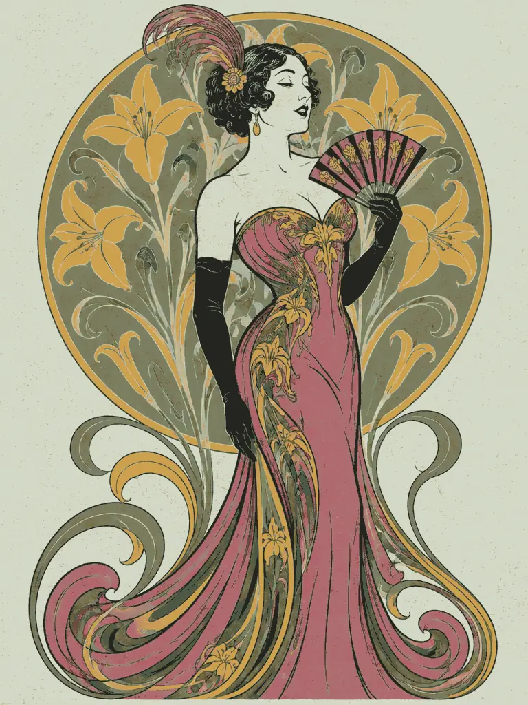 Poster litografi Rosa Dvorak, penyanyi kabaret bergaun mawar, memegang kipas di depan cakram bermotif lili.